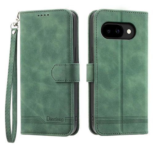 DIERFENG DF-03 For Google Pixel 10a Case Lines Imprint Wallet Leather Phone Cover with Wrist Strap - Green - 1