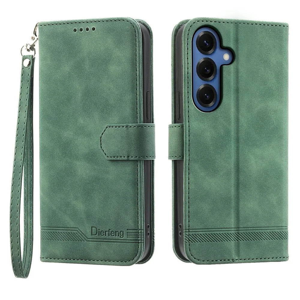 DIERFENG DF-03 For Samsung Galaxy S26 Case Lines Imprint Wallet Leather Phone Cover with Wrist Strap - Green - 1