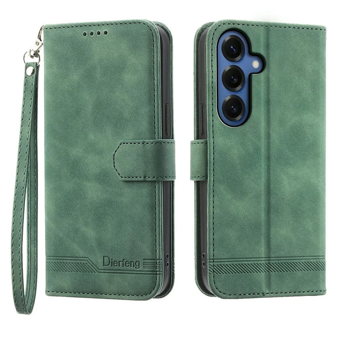 DIERFENG DF-03 For Samsung Galaxy S26 Case Lines Imprint Wallet Leather Phone Cover with Wrist Strap - Green - 1