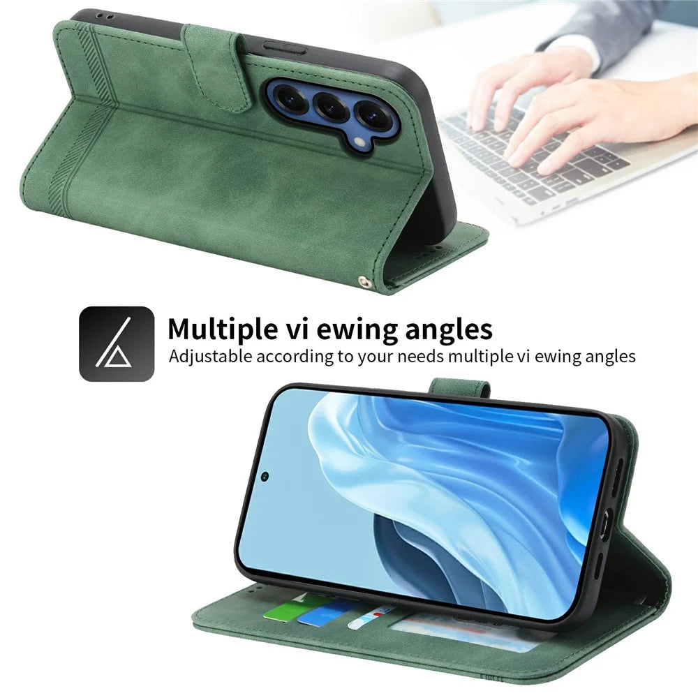 DIERFENG DF-03 For Samsung Galaxy S26 Case Lines Imprint Wallet Leather Phone Cover with Wrist Strap - Green - 5