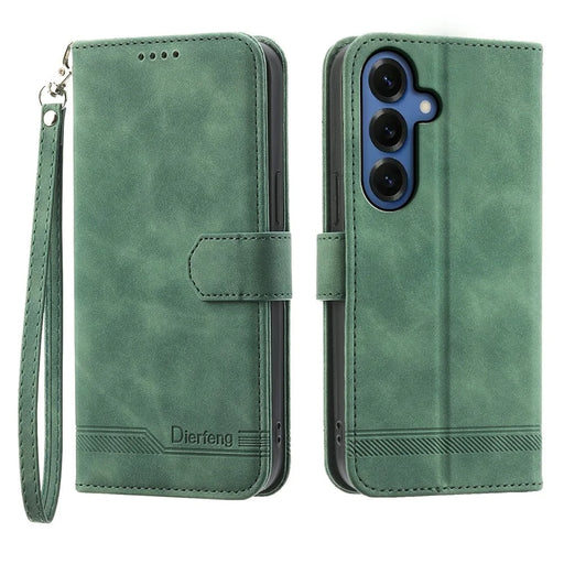 DIERFENG DF-03 For Samsung Galaxy S26+ Case Lines Imprint Wallet Leather Phone Cover with Wrist Strap - Green - 1