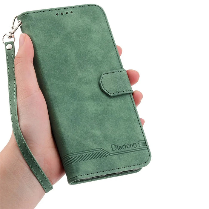 DIERFENG DF-03 For Samsung Galaxy S26+ Case Lines Imprint Wallet Leather Phone Cover with Wrist Strap - Green - 4
