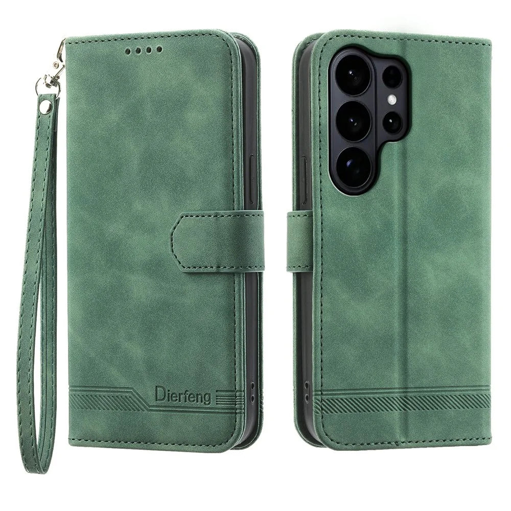 DIERFENG DF-03 For Samsung Galaxy S26 Ultra Case Lines Imprint Wallet Leather Phone Cover with Wrist Strap - Green - 1
