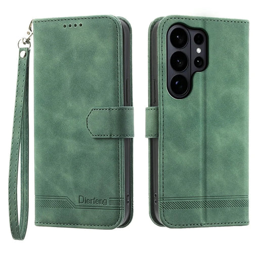 DIERFENG DF-03 For Samsung Galaxy S26 Ultra Case Lines Imprint Wallet Leather Phone Cover with Wrist Strap - Green - 1