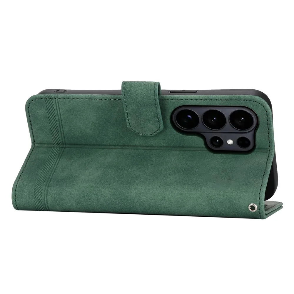 DIERFENG DF-03 For Samsung Galaxy S26 Ultra Case Lines Imprint Wallet Leather Phone Cover with Wrist Strap - Green - 3