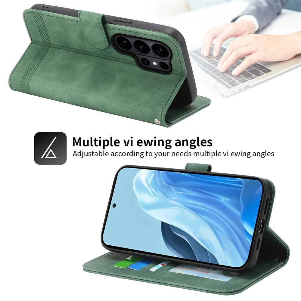 DIERFENG DF-03 For Samsung Galaxy S26 Ultra Case Lines Imprint Wallet Leather Phone Cover with Wrist Strap - Green - 5