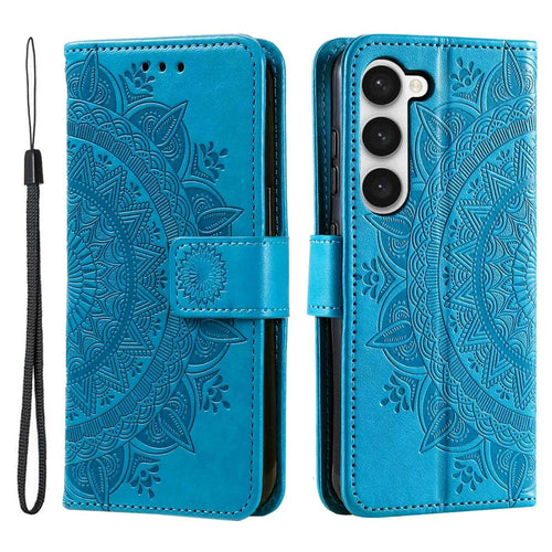For Samsung Galaxy S23 Mandala Flower Imprinted PU Leather Wallet Case Flip Stand Magnetic Clasp Shockproof Cover - Blue - 1