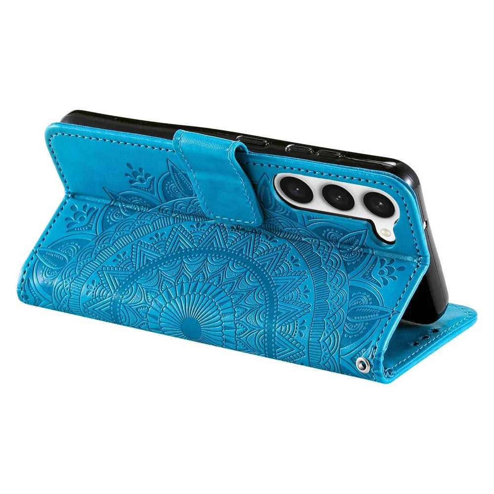 For Samsung Galaxy S23 Mandala Flower Imprinted PU Leather Wallet Case Flip Stand Magnetic Clasp Shockproof Cover - Blue - 3