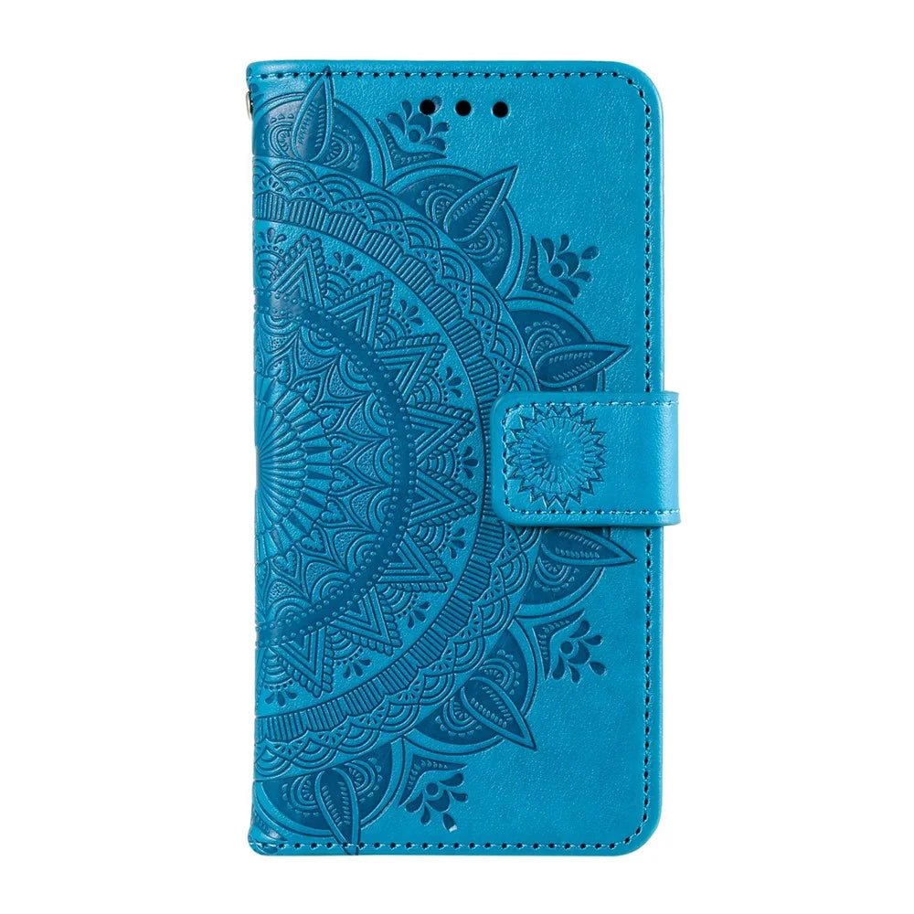 For Samsung Galaxy S23 Mandala Flower Imprinted PU Leather Wallet Case Flip Stand Magnetic Clasp Shockproof Cover - Blue - 5
