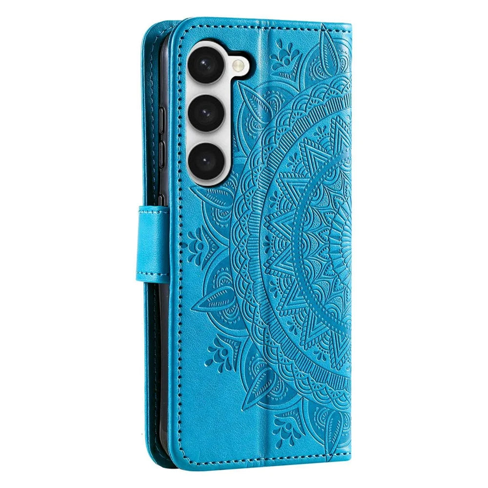 For Samsung Galaxy S23 Mandala Flower Imprinted PU Leather Wallet Case Flip Stand Magnetic Clasp Shockproof Cover - Blue - 6