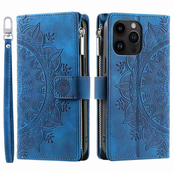 Zipper Pocket Wallet Case for iPhone 14 Pro Max, Fall Resistant Mandala Flower Imprinted PU Leather Stand Cover with Multiple Card Slots - Blue - 1