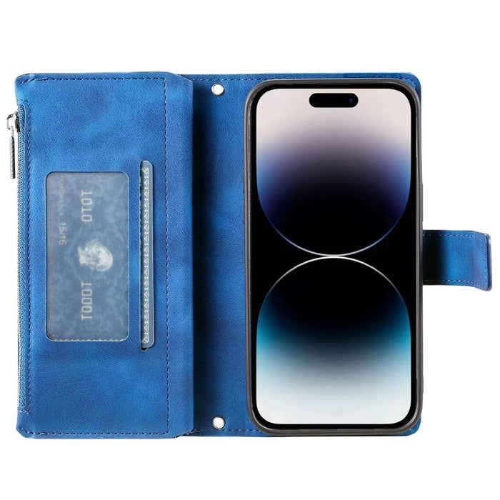 Zipper Pocket Wallet Case for iPhone 14 Pro Max, Fall Resistant Mandala Flower Imprinted PU Leather Stand Cover with Multiple Card Slots - Blue - 2
