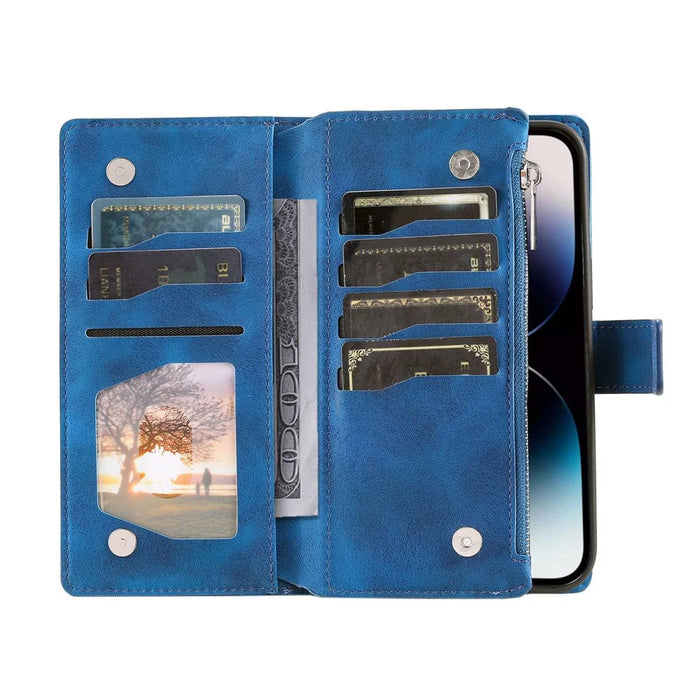 Zipper Pocket Wallet Case for iPhone 14 Pro Max, Fall Resistant Mandala Flower Imprinted PU Leather Stand Cover with Multiple Card Slots - Blue - 4