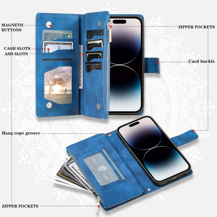 Zipper Pocket Wallet Case for iPhone 14 Pro Max, Fall Resistant Mandala Flower Imprinted PU Leather Stand Cover with Multiple Card Slots - Blue - 5