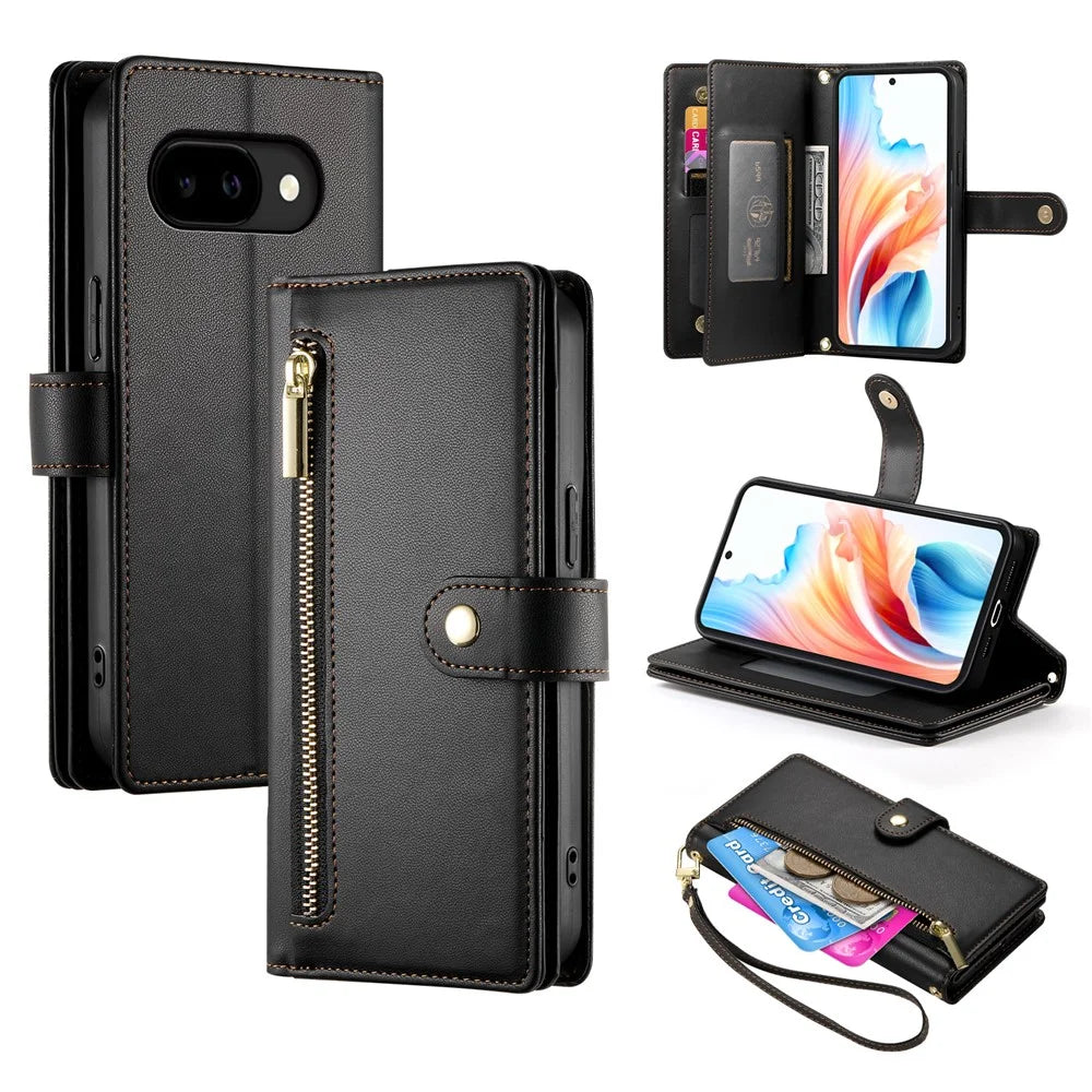 For Google Pixel 10a Case Zipper Pocket Wallet Leather Phone Cover with Straps - Black - 1