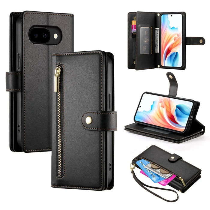 For Google Pixel 10a Case Zipper Pocket Wallet Leather Phone Cover with Straps - Black - 1