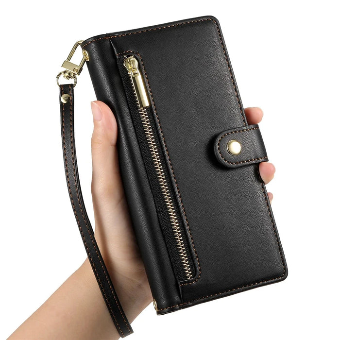 For Google Pixel 10a Case Zipper Pocket Wallet Leather Phone Cover with Straps - Black - 7