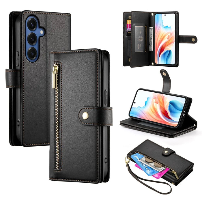 For Samsung Galaxy S26 Case Zipper Pocket Wallet Leather Phone Cover with Straps - Black - 1