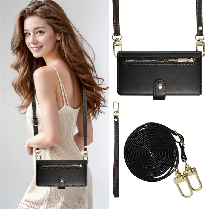 For Samsung Galaxy S26 Case Zipper Pocket Wallet Leather Phone Cover with Straps - Black - 5