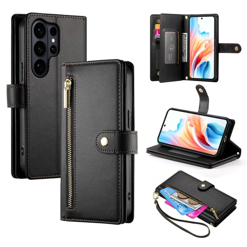For Samsung Galaxy S26 Ultra Case Zipper Pocket Wallet Leather Phone Cover with Straps - Black - 1