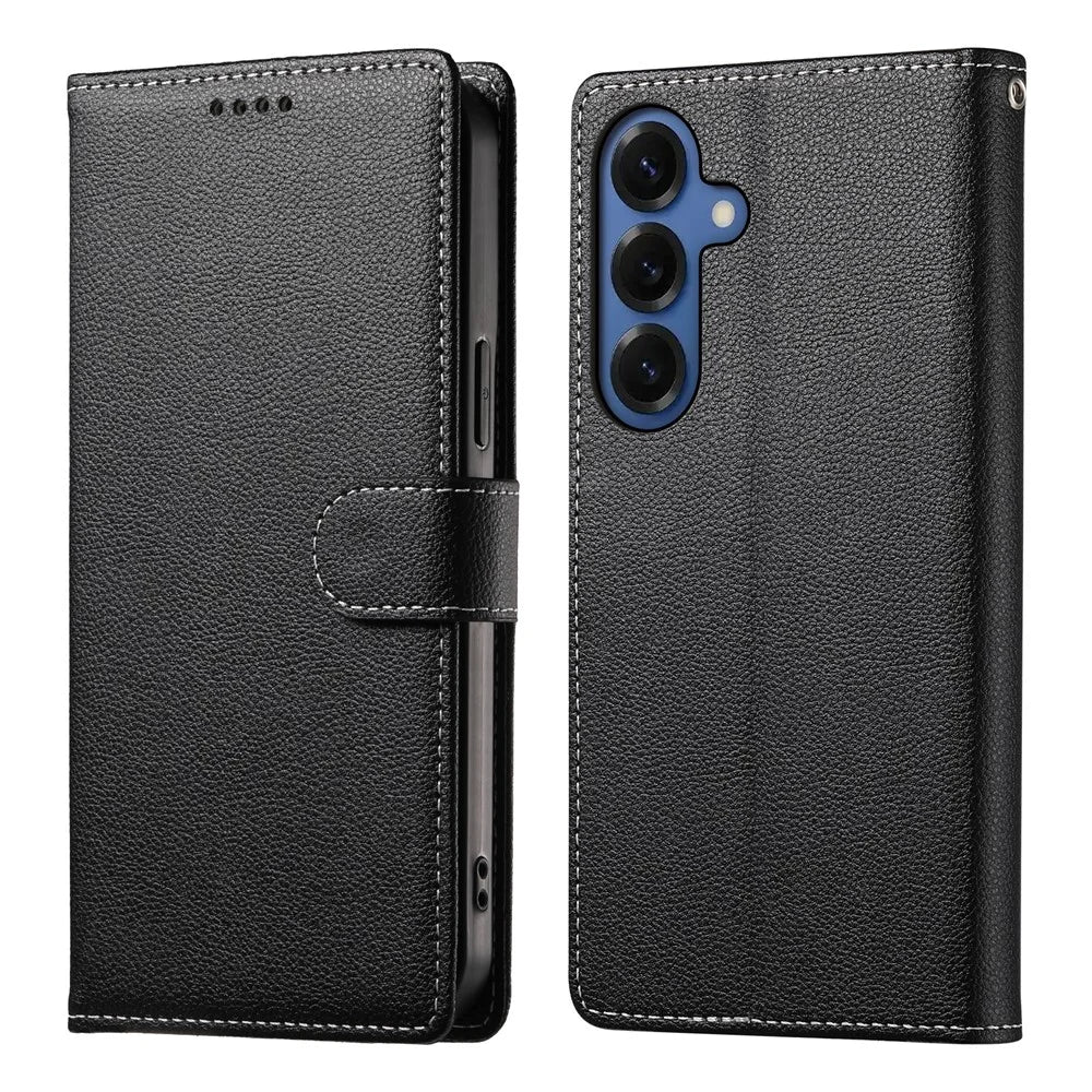 For Samsung Galaxy S26 Case Magnetic Snap Litchi Texture Leather Wallet Phone Cover with Wrist Strap - Black - 1