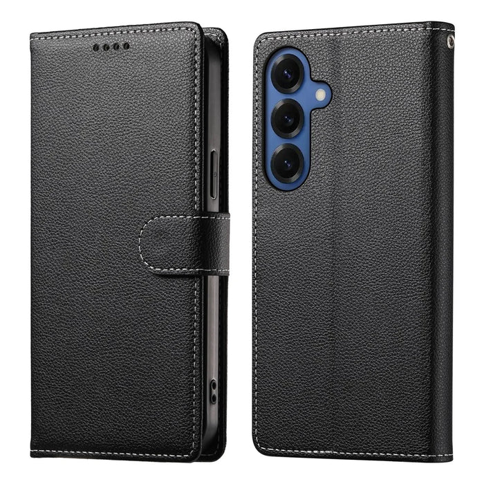 For Samsung Galaxy S26 Case Magnetic Snap Litchi Texture Leather Wallet Phone Cover with Wrist Strap - Black - 1