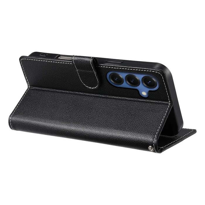 For Samsung Galaxy S26 Case Magnetic Snap Litchi Texture Leather Wallet Phone Cover with Wrist Strap - Black - 3