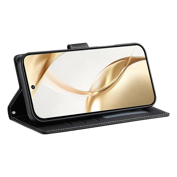 For Samsung Galaxy S26 Case Magnetic Snap Litchi Texture Leather Wallet Phone Cover with Wrist Strap - Black - 4
