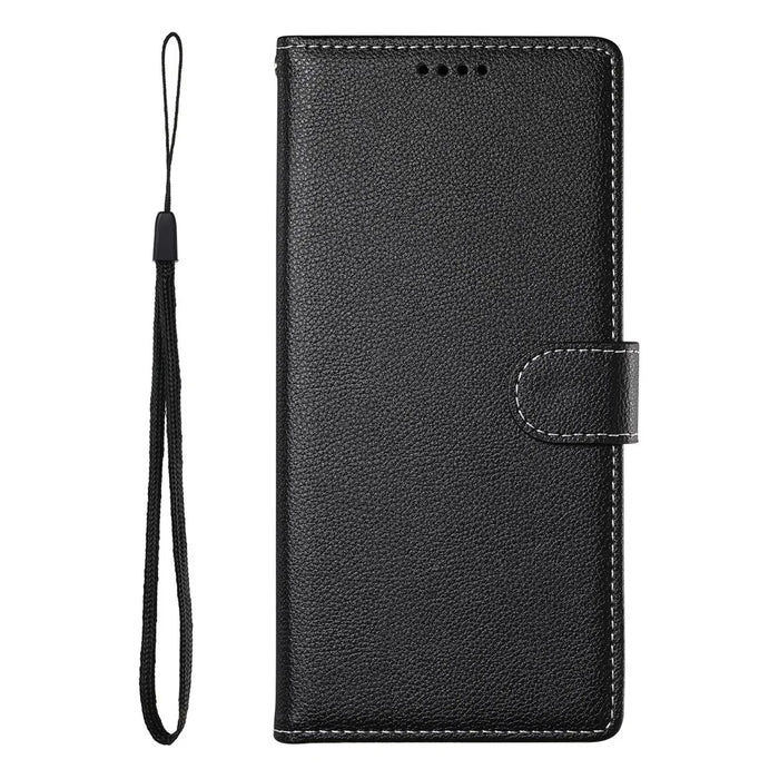 For Samsung Galaxy S26 Case Magnetic Snap Litchi Texture Leather Wallet Phone Cover with Wrist Strap - Black - 7