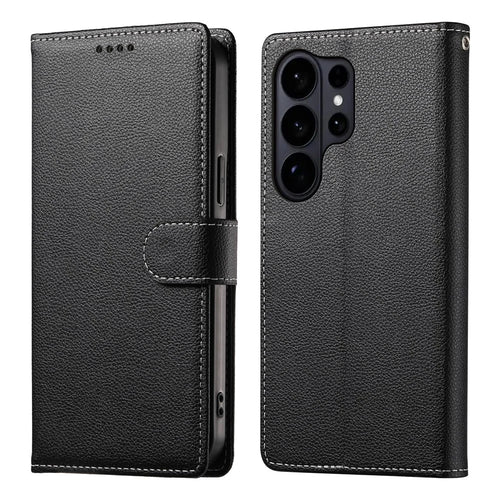 For Samsung Galaxy S26 Ultra Case Magnetic Snap Litchi Texture Leather Wallet Phone Cover with Wrist Strap - Black - 1