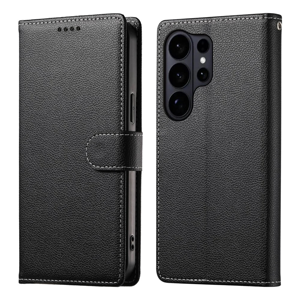 For Samsung Galaxy S26 Ultra Case Magnetic Snap Litchi Texture Leather Wallet Phone Cover with Wrist Strap - Black - 1