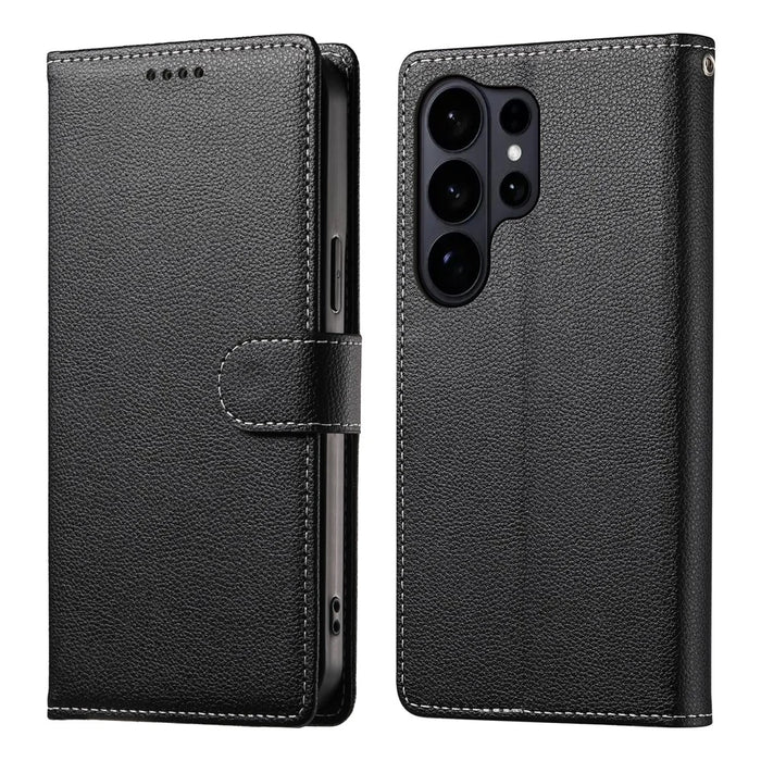For Samsung Galaxy S26 Ultra Case Magnetic Snap Litchi Texture Leather Wallet Phone Cover with Wrist Strap - Black - 1