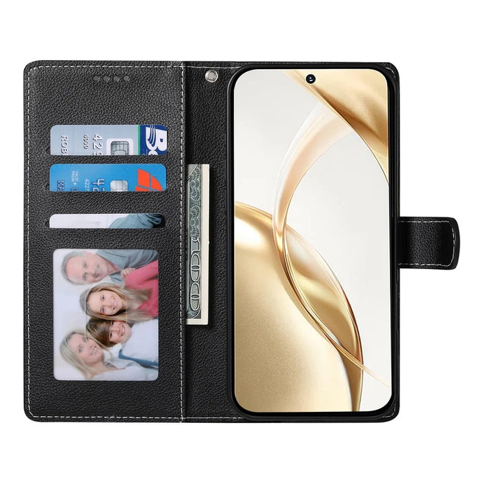 For Samsung Galaxy S26 Ultra Case Magnetic Snap Litchi Texture Leather Wallet Phone Cover with Wrist Strap - Black - 2