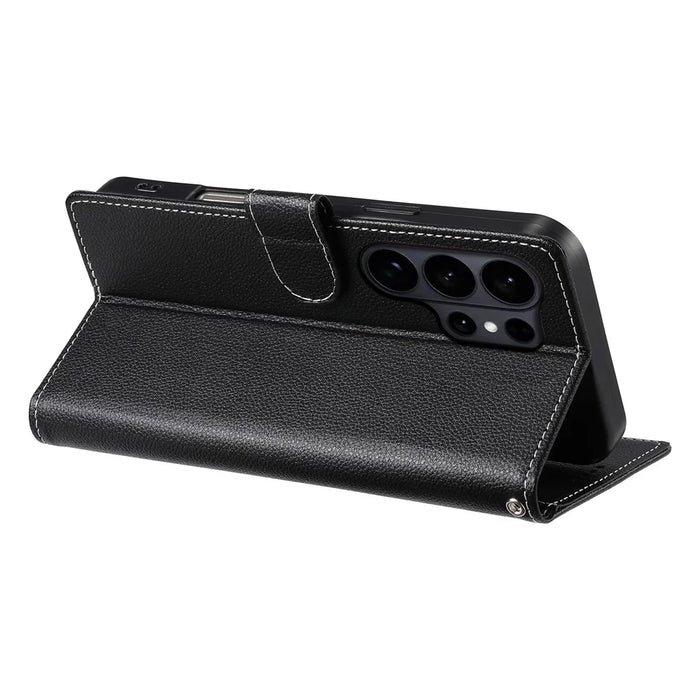 For Samsung Galaxy S26 Ultra Case Magnetic Snap Litchi Texture Leather Wallet Phone Cover with Wrist Strap - Black - 3
