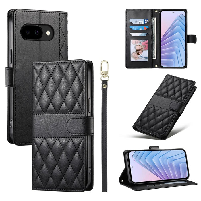 For Google Pixel 10a Wallet Case Rhombus Stitching Stand Leather Phone Cover with Long / Short Strap - Black - 1