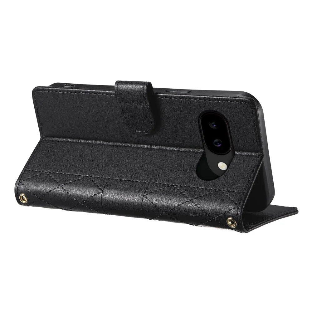 For Google Pixel 10a Wallet Case Rhombus Stitching Stand Leather Phone Cover with Long / Short Strap - Black - 3