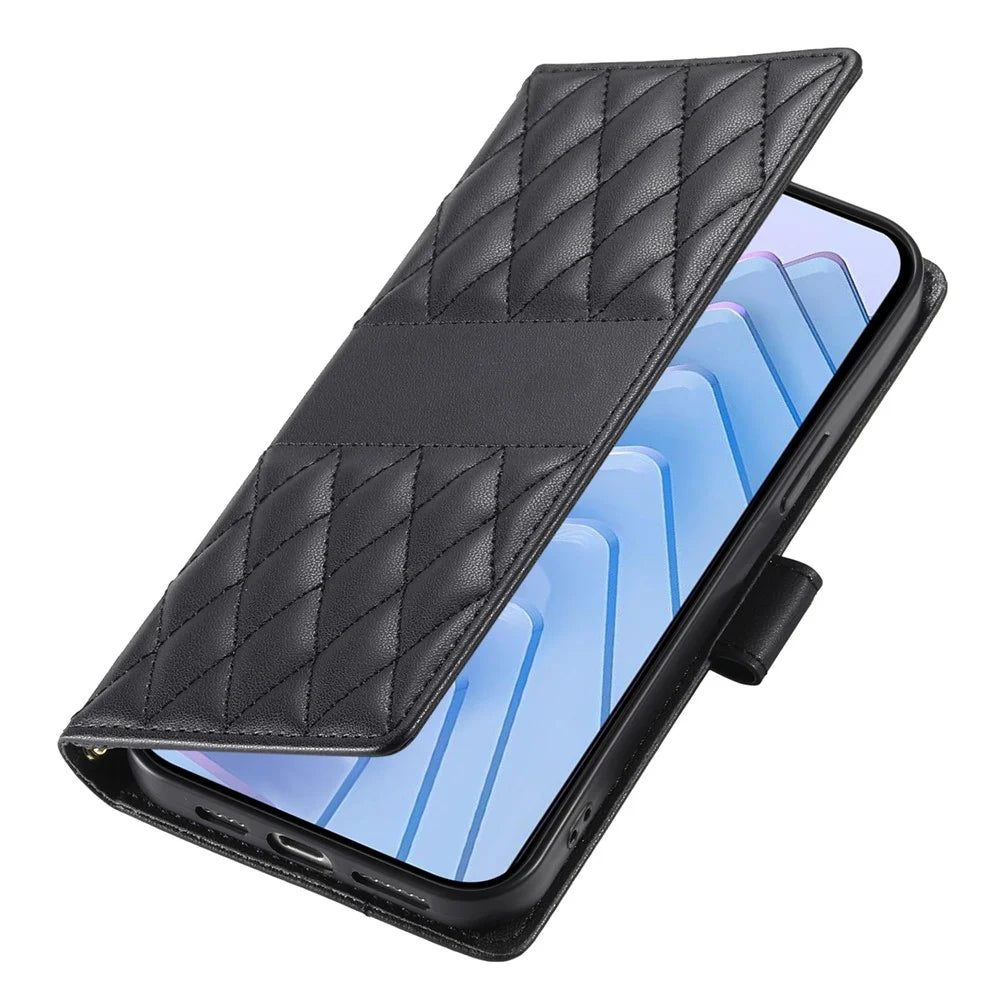 For Google Pixel 10a Wallet Case Rhombus Stitching Stand Leather Phone Cover with Long / Short Strap - Black - 6