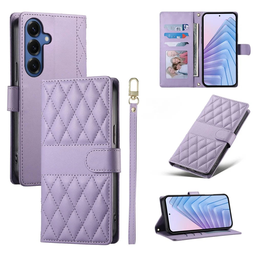 For Samsung Galaxy S26+ Wallet Case Rhombus Stitching Stand Leather Phone Cover with Long / Short Strap - Purple - 1
