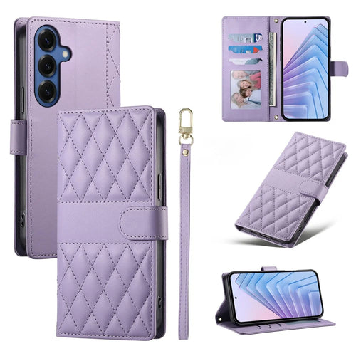 For Samsung Galaxy S26+ Wallet Case Rhombus Stitching Stand Leather Phone Cover with Long / Short Strap - Purple - 1