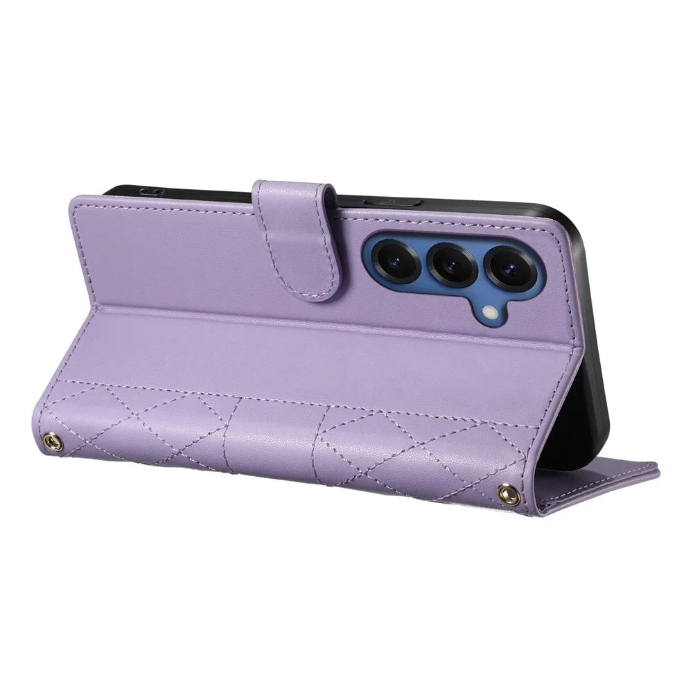 For Samsung Galaxy S26+ Wallet Case Rhombus Stitching Stand Leather Phone Cover with Long / Short Strap - Purple - 3