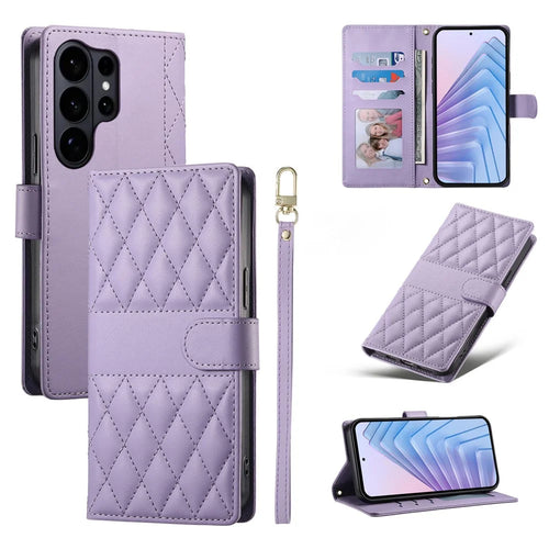 For Samsung Galaxy S26 Ultra Wallet Case Rhombus Stitching Stand Leather Phone Cover with Long / Short Strap - Purple - 1