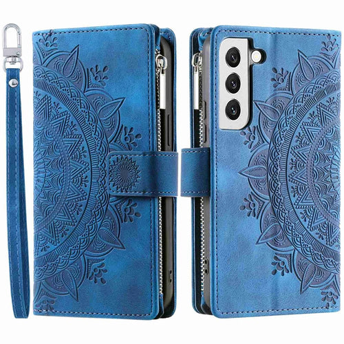 Zipper Pocket Wallet Case for Samsung Galaxy S21+ 5G, Mandala Flower Imprinted PU Leather Stand Cover with Multiple Card Slots - Blue - 1