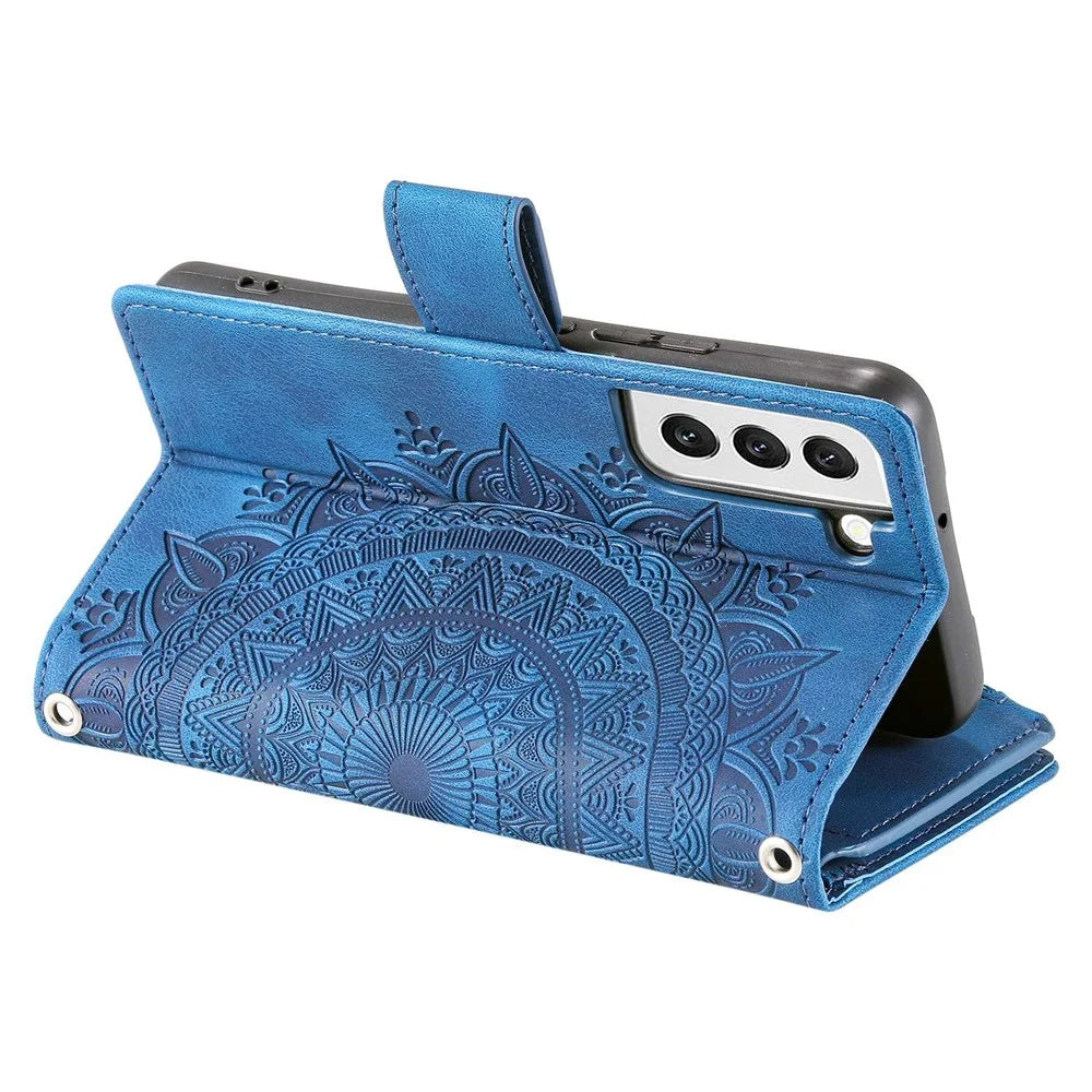 Zipper Pocket Wallet Case for Samsung Galaxy S21+ 5G, Mandala Flower Imprinted PU Leather Stand Cover with Multiple Card Slots - Blue - 3