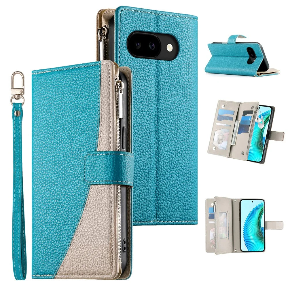 For Google Pixel 10a Case Zipper Wallet Color Splicing Leather Flip Phone Cover with Straps - Lake Blue - 1