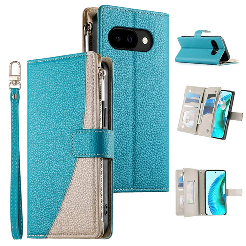 For Google Pixel 10a Case Zipper Wallet Color Splicing Leather Flip Phone Cover with Straps - Lake Blue - 1