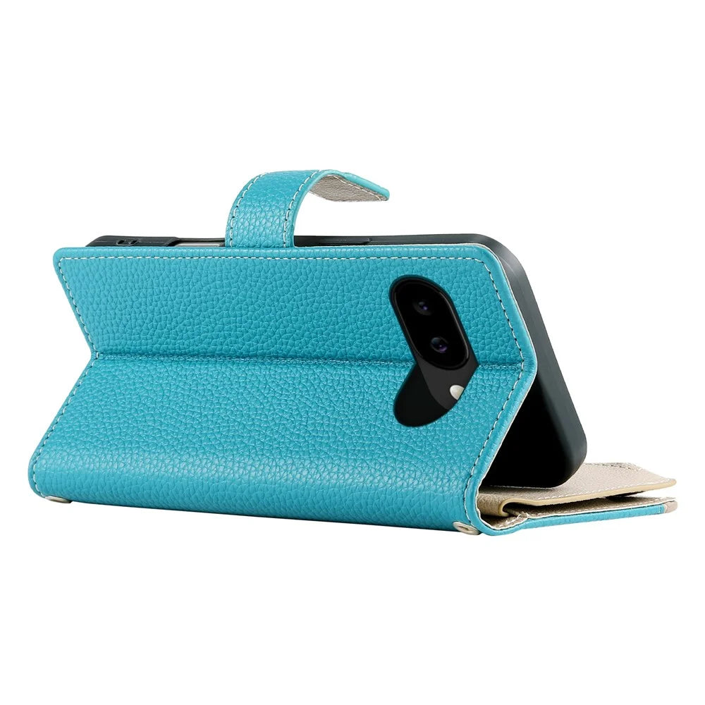 For Google Pixel 10a Case Zipper Wallet Color Splicing Leather Flip Phone Cover with Straps - Lake Blue - 4