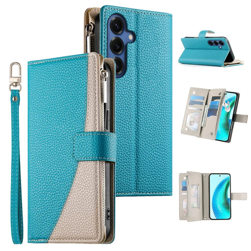 For Samsung Galaxy S26 Case Zipper Wallet Color Splicing Leather Flip Phone Cover with Straps - Lake Blue - 1