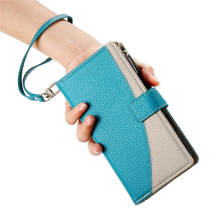 For Samsung Galaxy S26 Case Zipper Wallet Color Splicing Leather Flip Phone Cover with Straps - Lake Blue - 7
