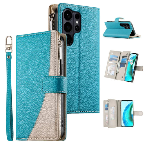 For Samsung Galaxy S26 Ultra Case Zipper Wallet Color Splicing Leather Flip Phone Cover with Straps - Lake Blue - 1