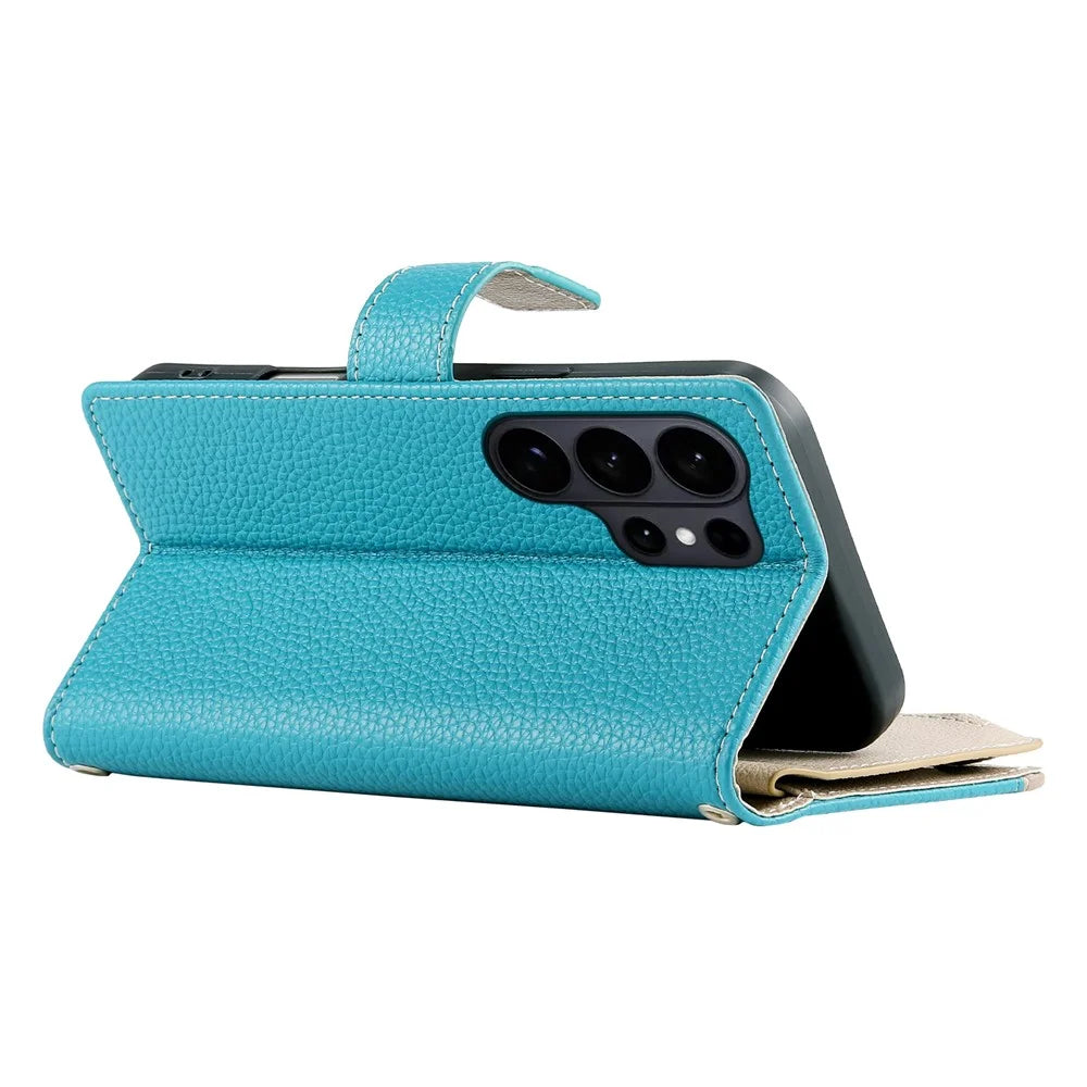 For Samsung Galaxy S26 Ultra Case Zipper Wallet Color Splicing Leather Flip Phone Cover with Straps - Lake Blue - 4